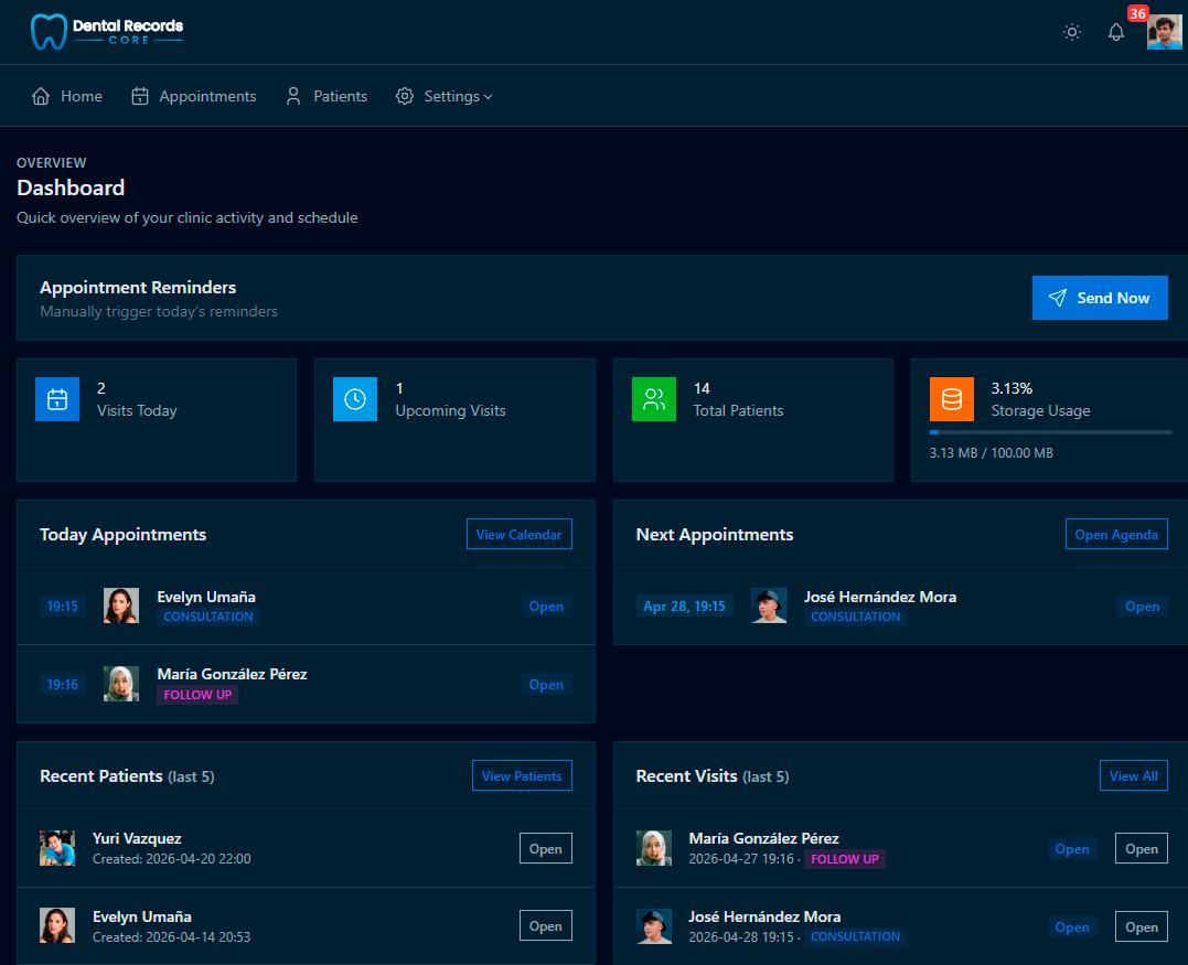 Dental Records Core Dashboard Dark
